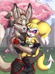  accessory anthro asian_mythology bandai_namco blush blush_lines bodily_fluids breasts building canid canine carrying carrying_another cherry_blossom cherry_blossom_tree cherry_tree clothing countershading crop_top cute_fangs dark_sclera digimon digimon_(species) dipstick_ears dipstick_tail duo east_asian_mythology embarrassed embrace eyes_closed facial_markings featureless_breasts female flower forked_tail fox fruit_tree genji head_markings headband heart_reaction hearts_around_body heterochromia hi_res holding_object holidays hug hybrid imp impmon japanese_mythology larger_male male mammal markings multicolored_ears mythology navel outside petals plant renamon renimpmon renimpmon_x rose_(flower) shirt size_difference sky smaller_female smile sweat sweatdrop tail tail_markings thegantian tiny_feet topwear tree unusual_anatomy unusual_tail valentine&#039;s_day yokai 