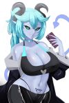  2023 breasts cleavage clothed clothing digital_media_(artwork) eyelashes eyewear female fingers glasses hi_res holding_object horn humanoid looking_at_viewer navel sana!rpg simple_background solo womb_tattoo 