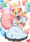  1girl :3 absurdres animal_ear_fluff animal_ears animal_hands animal_nose balloon bangs black_ribbon blonde_hair blue_dress blue_eyes blurry blurry_foreground blush bow breasts claws commentary commission confetti dress fang fox_ears fox_girl fox_tail frilled_dress frilled_sleeves frills furry furry_female glasses hair_bow hands_up happy highres horokusa_(korai) large_breasts long_hair long_sleeves looking_at_viewer maid_headdress multicolored_background multicolored_hair neck_ribbon open_mouth original party_popper pawpads pink_hair red-framed_eyewear red_bow ribbon sash semi-rimless_eyewear sidelocks skeb_commission smile solo standing tail thick_thighs thighs translation_request white_hair 