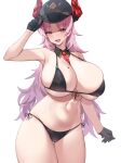  1girl bangs between_breasts bikini black_bikini black_gloves black_headwear black_horns blue_archive blush breasts cleavage detached_collar fangs front-tie_bikini_top front-tie_top gloves groin half_gloves hand_on_headwear highres horns huge_breasts kuavera long_hair looking_at_viewer mole mole_on_breast navel necktie necktie_between_breasts open_mouth pink_hair red_horns red_necktie satsuki_(blue_archive) side-tie_bikini_bottom simple_background skin_fangs smile solo stomach sweat swimsuit thighs two-tone_horns white_background yellow_eyes 