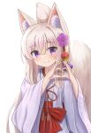  1girl absurdres animal_ear_fluff animal_ears bangs blush closed_mouth commentary_request flower folded_ponytail fox_ears fox_girl fox_tail grey_hair hair_between_eyes hair_flower hair_ornament hakama hakama_skirt hands_up heart heart_hands highres iroha_(iroha_matsurika) japanese_clothes kimono koyoi_(iroha_(iroha_matsurika)) long_hair long_sleeves looking_at_viewer miko original purple_eyes purple_flower red_hakama simple_background skirt smile solo tail very_long_hair white_background white_kimono wide_sleeves 