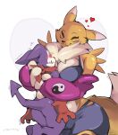  anthro armwear bandai_namco big_breasts breasts bridal_gauntlets canid canine clothing digimon digimon_(species) duo embrace female fur gloves handwear hi_res hug imp impmon mammal neck_tuft renamon smile tuft white_body white_fur yellow_body yellow_fur zinnick 