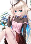  1girl apron bangs black_shirt blonde_hair blue_eyes blue_hair blurry blurry_background blush breasts chocolate chocolate_on_face commentary_request convenient_leg depth_of_field feet_out_of_frame food food_on_face frilled_apron frills hair_between_eyes hand_up indie_virtual_youtuber knees_together_feet_apart long_hair long_sleeves mixing_bowl multicolored_hair on_head parted_lips pink_apron plant pleated_skirt potted_plant red_skirt shirt signature skirt sleeves_past_wrists small_breasts solo star_(symbol) strap_slip two-tone_hair uchuuneko uchuuneko_(vtuber) very_long_hair virtual_youtuber wavy_mouth 