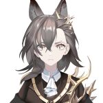  1girl absurdres animal_ears arknights ascot baimo black_hair commentary hair_between_eyes hair_ornament highres looking_at_viewer medium_hair penance_(arknights) simple_background solo upper_body white_ascot white_background wolf_ears yellow_eyes 