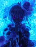  1girl afloat backlighting bangs blue_flower blue_rose blue_theme braid covered_mouth covering_mouth finger_ribbon flower hair_between_eyes hair_flower hair_ornament holding holding_flower long_bangs long_hair looking_at_viewer original petals purple_eyes ribbon rose solo upper_body watari_taichi water 