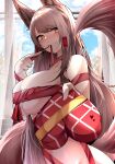  1girl absurdres akagi_(azur_lane) animal_ears azur_lane bangs blue_sky blush breasts brown_hair cleavage cloud dark_skin gift grin hair_tubes heart heart-shaped_pupils highres holding holding_gift large_breasts long_hair looking_at_viewer mouth_hold naked_ribbon red_eyes red_ribbon ribbon ribbon_in_mouth samip sky smile solo symbol-shaped_pupils tail tree valentine very_long_hair window 