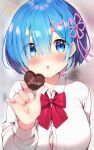  1girl :o absurdres ayamy blue_eyes blue_hair blurry blurry_foreground blush bra breasts button_gap candy chocolate cleavage commentary_request depth_of_field dress_shirt food hair_ornament hair_over_one_eye hairclip heart heart-shaped_chocolate highres large_breasts parted_lips pink_bra re:zero_kara_hajimeru_isekai_seikatsu rem_(re:zero) revision shirt short_hair solo underwear upper_body x_hair_ornament 
