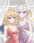  2girls ahoge anisphia_wynn_palettia arm_around_waist blonde_hair blush braid breasts closed_mouth collarbone commentary_request dress euphyllia_magenta green_eyes grey_hair hair_ribbon koneko_(37454381) long_hair medium_breasts multiple_girls off_shoulder purple_eyes red_dress ribbon short_hair small_breasts strap_pull sweatdrop tensei_oujo_to_tensai_reijou_no_mahou_kakumei white_hair yuri 