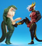  3d_(artwork) abs anthro balls big_balls big_penis black_body black_claws canid canine canis clawed_fingers claws connivingrat crocodile crocodilian crocodylid digital_media_(artwork) dragon duncan_(strahinium) duo ear_piercing foot_on_balls genitals green_body green_skin hair helm_(connivingrat) horn humanoid_genitalia humanoid_penis male mammal markings muscular muscular_male nipples nude nude_male peach_body pecs penis piercing plantigrade red_body reptile scalie standing stripes toe_claws vein veiny_penis white_hair wolf yellow_eyes yellow_horn yellow_sclera 