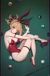  1girl absurdres alternate_costume animal_ears arm_strap ball bare_shoulders billiard_ball blonde_hair breasts covered_navel cue_stick detached_collar fake_animal_ears feint721 fetal_position genshin_impact hair_ornament hairband high_heels highleg highleg_leotard highres leotard long_hair looking_at_viewer lying medium_breasts nail_polish on_side orange_eyes parted_lips playboy_bunny ponytail pool_table rabbit_ears red_footwear red_hairband red_leotard shoe_dangle solo strapless strapless_leotard table thigh_strap thighs wrist_cuffs yoimiya_(genshin_impact) 