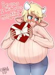  &lt;3 2_horns anthro big_breasts blonde_hair blue_eyes blue_nails blush bottomwear bovid bovine bow_(feature) bow_ribbon breasts cattle clothed clothing colored_nails denim denim_clothing dessert digital_media_(artwork) doodle_dip english_text female fingers food fur hair half-closed_eyes hi_res holding_food holding_object holidays horn huge_breasts jeans looking_back mammal momo_(doodle_dip) nails narrowed_eyes pants shirt simple_background smile solo tan_clothing tan_sweater tan_topwear text topwear valentine&#039;s_day 