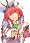  1girl bangs blue_eyes breasts clover dress elphelt_valentine gloves guilty_gear hair_between_eyes hand_on_own_cheek hand_on_own_face hat head_tilt heart hungry_clicker large_breasts looking_up portrait red_hair short_hair sidelocks smile solo spikes white_dress white_gloves white_headwear 