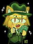  1girl animal_ear_fluff animal_ears artist_name blonde_hair cat_ears dated ears_through_headwear fang fedora formal gangster_spongebob_(meme) hat highres holding holding_money jacket jewelry looking_at_viewer meme money necktie neco-arc open_mouth red_eyes ring short_hair solo suit suit_jacket sunny_waifu thumbs_up tsukihime 