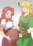 big_breasts blonde_hair blue_eyes breasts everyday2 exclamation_point female hair hand_on_stomach hi_res humanoid humanoid_pointy_ears hylian link long_hair male malon nintendo not_furry pregnant pregnant_female red_hair the_legend_of_zelda 