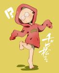  !? amazou bald blush bottomless chibita cosplay highres hood hoodie implied_yaoi leg_up looking_to_the_side male_focus matsu_symbol matsuno_osomatsu matsuno_osomatsu_(cosplay) osomatsu-san oversized_clothes red_hoodie sleeves_past_fingers sleeves_past_wrists yellow_background 