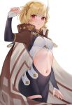  1girl asymmetrical_legwear bangs blonde_hair breasts cape citrinne_(fire_emblem) fire_emblem fire_emblem_engage haru_(nakajou-28) highres looking_at_viewer medium_breasts mismatched_legwear navel official_alternate_costume red_eyes short_hair simple_background solo swept_bangs wavy_hair 