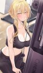  1girl absurdres bangs black_sports_bra blonde_hair blush breasts genshin_impact gym gym_storeroom highres large_breasts lumine_(genshin_impact) o-los sexynomicon solo sports_bra 