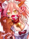  1girl @_@ animal_ear_fluff animal_ears animal_hands apron bell blush_stickers breasts cat_hair_ornament cat_paws cleavage collar fate/grand_order fate_(series) fox_ears fox_girl fox_tail fumizuki_kazuhito gift gloves hair_ornament happy_valentine heart highres holding holding_gift jingle_bell large_breasts looking_at_viewer maid_headdress naked_apron neck_bell paw_gloves pink_hair ponytail solo tail tamamo_(fate) tamamo_cat_(fate) tamamo_cat_(third_ascension)_(fate) valentine 