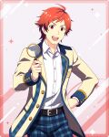  1boy ahoge belt breast_pocket collared_shirt holding holding_magnifying_glass idolmaster idolmaster_side-m idolmaster_side-m_growing_stars long_sleeves magnifying_glass male_focus official_art open_mouth pocket red_eyes red_hair shirt simple_background solo teeth tendo_teru upper_teeth_only white_shirt 
