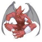  abs armwear barefoot clawed_fingers claws clothing demon digital_media_(artwork) feet firebrand gargoyle hand_on_knee hand_on_leg hi_res humanoid katabreak legwear male membrane_(anatomy) membranous_wings mostly_nude mostly_nude_humanoid mostly_nude_male pecs red_arremer red_body simple_background sitting solo toe_claws white_background white_eyes wings 