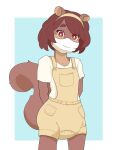  accessory anthro brown_body brown_eyes brown_fur brown_hairclean_diaper clothing diaper diaper_under_clothing emma_(octojo) face_mask female fur hair hair_accessory hairband hands_behind_back hi_res infantilism looking_at_viewer mammal octojo overalls rodent sciurid shortalls simple_background solo standing tree_squirrel 