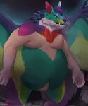  5:6 absurd_res anthro artist_name belly big_belly big_fangs blue_body blue_wings cosmic_background green_body green_wings hair hi_res huge_belly male membrane_(anatomy) membranous_wings moobs navel nude overweight overweight_anthro overweight_male portrait pupils purple_hair roobin slit_pupils solo space space_background star three-quarter_portrait wings yellow_eyes 