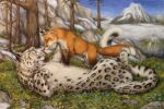  ambiguous_gender black_spots blue_eyes brown_body brown_fur canid canine day detailed_background duo felid feral fox fur grey_body grey_fur lying mammal on_back orange_body orange_fur outside pantherine sky snow_leopard spots spotted_body spotted_fur standing teiirka 