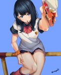  1girl aona_(anagasaki) black_hair blue_eyes bow chocolate collared_shirt food food_in_mouth foreshortening gridman_universe gridman_universe_(film) highres incoming_food long_hair looking_at_viewer miniskirt pocky school_uniform scrunchie shirt sitting skirt solo ssss.gridman sweater_vest takarada_rikka thighs twitter_username valentine wrist_scrunchie 