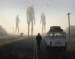  1other artist_name bird commentary day english_commentary facing_away flock giant grass ground_vehicle highres motor_vehicle original outdoors power_lines road road_sign sign signature sky standing stefan_koidl tree utility_pole van walking wide_shot 