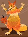  against_surface ambiguous_gender anthro artist_name belly big_belly candy dessert dialogue food front_view full-length_portrait hi_res huge_belly looking_at_viewer narrowed_eyes nude open_mouth orange_body portrait red_eyes roobin semi-anthro simple_background solo standing tail tail_tuft talking_to_viewer tuft weight_gain yellow_body 