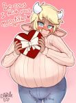 &lt;3 &lt;3_eyes 2_horns anthro big_breasts blonde_hair blue_eyes blue_nails blush bottomwear bovid bovine bow_(feature) bow_ribbon breasts bulge cattle clothed clothing colored_nails denim denim_clothing dessert digital_media_(artwork) doodle_dip english_text female fingers food fur hair half-closed_eyes hi_res holding_food holding_object holidays horn huge_breasts jeans looking_at_viewer mammal momo_(doodle_dip) nails narrowed_eyes pants shirt simple_background smile solo tan_clothing tan_sweater tan_topwear text topwear valentine&#039;s_day 