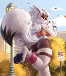  absurd_res amaterasu_(okami) anthro autumn bottomwear canid canine canis capcom city clothing female gym_bottomwear gym_clothing gym_shorts headphones hi_res jogging lightly-san mammal okami_(capcom) park pawpads shirt shorts solo tank_top topwear wolf 