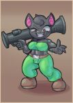  absurd_res anthro bat big_breasts bottomwear breasts brown_background brown_clothing brown_footwear brown_shoes clothed clothing eyelashes female footwear fur green_bottomwear green_clothing green_pants green_topwear grey_body grey_fur head_tuft hi_res holding_object holding_weapon looking_at_viewer mammal minty_(artist) pants ranged_weapon red_eyes rocket_launcher shoes simple_background smile solo thick_thighs topwear tuft weapon wide_hips 