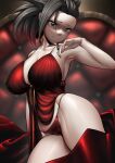  1girl alternate_costume arm_up armpits bed_sheet black_eyes black_hair boku_no_hero_academia breasts cameltoe closed_mouth commentary_request highres huge_breasts indoors looking_at_viewer max_(maxlikeapicture) nightgown panties ponytail red_panties red_sheet solo underwear yaoyorozu_momo 