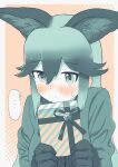  ... 1girl animal_ears blush box box_of_chocolates fox_ears fox_girl fur_trim gloves hair_between_eyes jacket kemono_friends long_hair long_sleeves looking_at_viewer sidelocks silver_fox_(kemono_friends) solo spoken_ellipsis sweatdrop yumeumi_sousaku 