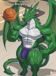  absurd_res anthro ball basketball_(ball) clothed clothing countershade_neck countershade_tail countershade_torso countershading dragon green_body hi_res jockstrap jockstrap_only male masterelrest muscular muscular_anthro muscular_male solo tail topless underwear underwear_only wings 