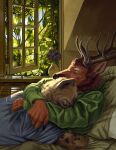  absurd_res anthro antlers bed brown_body brown_fur cervine clothed clothing cuddling deer duo elk embrace eyes_closed fluffy fur furniture garden hi_res horn hyena inside lying lying_on_top male male/male mammal mo_(momamo) momamo on_back orange_body orange_fur plant spots spotted_hyena tterra 