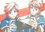  2boys aduti_momoyama armor bangs blue_armor blue_cape blue_eyes blue_gloves cape closed_mouth eliwood_(fire_emblem) father_and_son fingerless_gloves fingernails fire_emblem fire_emblem:_the_binding_blade fire_emblem:_the_blazing_blade gloves handheld_game_console headband high_collar highres holding holding_handheld_game_console long_sleeves looking_at_viewer multiple_boys nintendo_switch red_cape red_hair red_headband roy_(fire_emblem) short_hair shoulder_armor smile two-tone_cape 