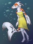  2016 anthro barbel_(anatomy) bare_shoulders barefoot black_markings bubble calico_koi clothed clothing digital_media_(artwork) dress feet female fingers fish hibou-wu humanoid_hands looking_at_another marine markings open_mouth orange_eyes orange_markings plantigrade signature solo underwater water water_background white_body yellow_clothing yellow_dress 