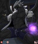  5_fingers abs absurd_res anthro black_body bulge claws dragon fingers hi_res male masterelrest muscular muscular_anthro muscular_male pecs solo wings 