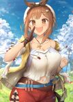  1girl :d absurdres atelier_(series) atelier_ryza atelier_ryza_1 bangs beret blue_sky breasts brown_eyes brown_gloves brown_hair cleavage cloud commentary_request gloves grass hat highres jacket jewelry large_breasts looking_at_viewer navel necklace open_clothes open_jacket open_mouth outdoors reisalin_stout satsuki_(mikatsuki) shirt short_hair sidelocks sky sleeveless sleeveless_jacket smile solo star_(symbol) star_necklace teeth test_tube upper_teeth_only white_headwear white_shirt yellow_jacket 