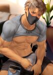  2boys abs bara bare_pectorals black_shorts blue_eyes blush brown_hair bulge clothes_lift clothes_pull erection erection_under_clothes grey_male_underwear grey_shirt highres holding holding_phone jim_(mondi_hl) large_pectorals male_focus male_underwear mask mondi_hl mouth_mask multiple_boys muscular muscular_male navel nipples original pectorals phone phone_screen shirt shirt_lift short_hair shorts shorts_pull sitting solo_focus twitter_username underpec underwear 