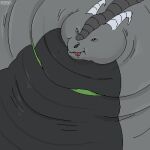  1:1 ambiguous_gender anthro artist_name bodily_fluids dragon drooling green_eyes grey_body grey_scales horn low_res morbidly_obese obese overweight red_tongue roobin saliva scales scalie solo tongue tongue_out white_horn 