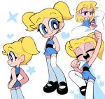  1girl black_footwear blonde_hair blue_dress blue_eyes bubbles_(ppg) clenched_hand closed_eyes dress highres kim_crab medium_hair open_mouth powerpuff_girls shoes short_dress simple_background teeth thighhighs upper_teeth_only white_background white_thighhighs 