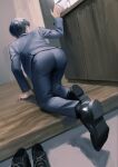  1boy all_fours arm_support ass black_footwear black_hair blue_pants blue_suit dutch_angle entrance facing_away formal from_behind hand_up highres indoors ishida_(segu_ishida) long_sleeves male_focus original pants shoes short_hair solo suit wooden_floor 
