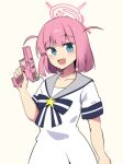  1girl :d blue_archive blue_eyes bocchi_the_rock! gotou_futari gun halo highres hinghoi holding holding_gun holding_weapon looking_at_viewer pink_hair short_hair smile solo standing weapon 