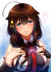  1girl absurdres ahoge black_shirt blue_eyes braid breasts brown_hair hair_flaps hair_ornament hair_over_shoulder heart heart_lock_(kantai_collection) highres kantai_collection large_breasts looking_at_viewer necktie red_necktie shigure_(kancolle) shigure_kai_san_(kancolle) shirt single_braid sleeveless sleeveless_shirt smile solo tsui_(kojiya) two-tone_shirt upper_body white_shirt 