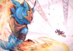  2023 anthro bandai_namco blue_arms blue_body blue_butt blue_tail bruised butt clothed clothing diaboromon digimon digimon_(species) duo fight fire flamedramon open_mouth red_eyes shoru tail tongue 
