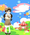  1girl beret blush brown_footwear cloud dress flower hat illustrator mary_janes musical_note musical_note_print open_mouth own_hands_clasped own_hands_together pantyhose pink_flower pop&#039;n_music puffy_short_sleeves puffy_sleeves red_flower sanae-chan shio_(orange_lounge) shirt shoes short_sleeves smile wagon white_pantyhose white_shirt yellow_flower 