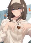  1girl blue_eyes blush brown_hair candy chocolate collarbone food fuurin_restia hairband heart heart-shaped_chocolate heart_hands highres holding holding_chocolate holding_food hood hoodie idolmaster idolmaster_cinderella_girls looking_at_viewer sagisawa_fumika smile solo upper_body white_hairband white_hoodie 